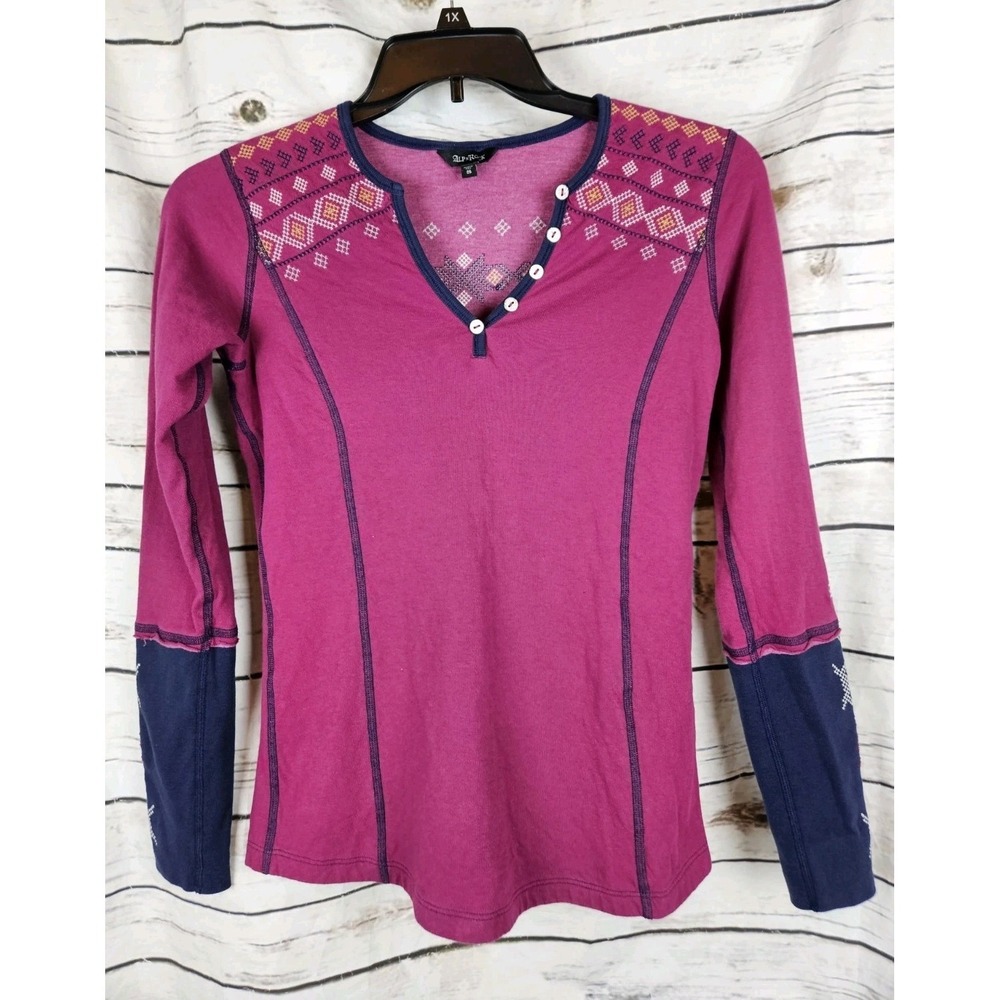 Alp N Rock Magenta Henley Knit Top S Embroidered Long Sleeves Organic Cotton